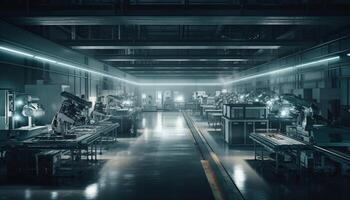 moderno metal industria fábrica con robótico brazos y transportador cinturones generado por ai foto