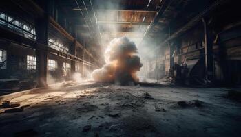 Abandoned factory in flames, smoke pollutes environment, destruction evident generated by AI photo