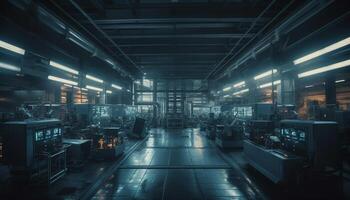 moderno industrial planta ilumina futurista arquitectura con brillante azul Encendiendo generado por ai foto
