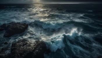 Breaking waves crash against rocky cliff at dusk, reflecting beauty generated by AI photo