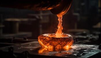 Metal workers in a steel mill pouring molten iron generated by AI photo