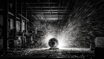 Metal workers pour molten steel in bright steel mill workshop generated by AI photo