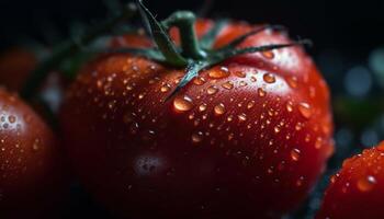 Juicy tomato drop on wet leaf, nature vibrant refreshment generated by AI photo