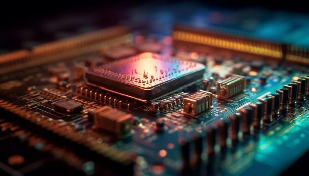 Complexity of computer equipment Close up of semiconductor circuit board generated by AI photo