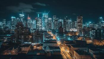 Glowing cityscape with skyscrapers and traffic on multi lane highways generated by AI photo