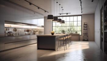 Modern domestic kitchen design with elegant wood and steel materials generated by AI photo