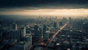 Modern city skyline illuminated at dusk with panoramic aerial view generated by AI photo