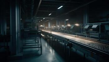 Modern transportation industry illuminates underground steel workshop with futuristic equipment generated by AI photo
