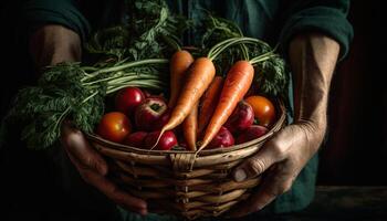 One man holding a basket of fresh organic vegetables generated by AI photo