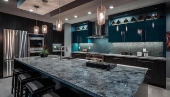 Modern luxury kitchen design with elegant marble flooring and lighting generated by AI photo