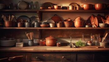 Rustic pottery collection decorates homemade kitchen shelf with creative craft generated by AI photo