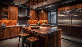 Luxury kitchen island with stainless steel appliances and elegant lighting generated by AI photo