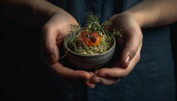 Hand holding fresh organic vegetable, close up of healthy vegetarian meal generated by AI photo