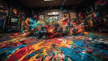 Vibrant colors splashing in messy acrylic painting create abstract chaos generated by AI photo