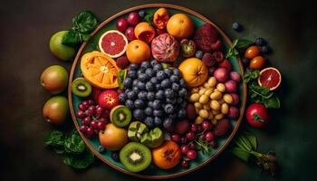 Healthy eating with fresh organic fruit and vegetable variation on wood generated by AI photo