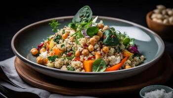 Fresh vegetarian salad bowl with quinoa, carrot, tomato, and cilantro generated by AI photo