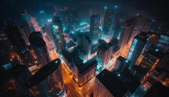 Modern city skyline illuminated at dusk with high angle view generated by AI photo