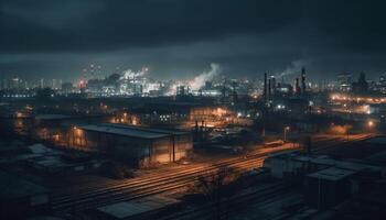 Dark city skyline illuminated by factory smokestacks and transportation motion generated by AI photo