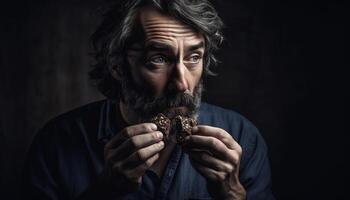 Confident businessman holding cigar, looking at camera in dark studio generated by AI photo