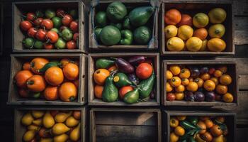 Abundant crate of juicy, ripe citrus fruit on wooden table generated by AI photo