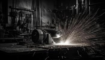 metal taller hombres trabajando con industrial equipo, soldadura y corte metal generado por ai foto