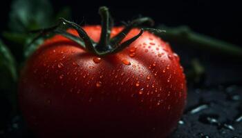 Ripe organic tomato, fresh drop of water, healthy vegetarian meal generated by AI photo