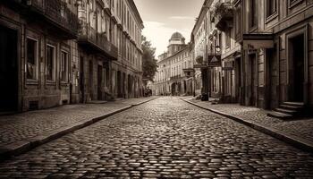 Medieval town square with old fashioned architecture and cobblestone footpath generated by AI photo