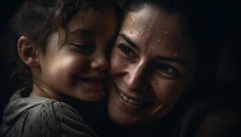 uno contento familia abrazando, sonriente, y unión adentro juntos generado por ai foto