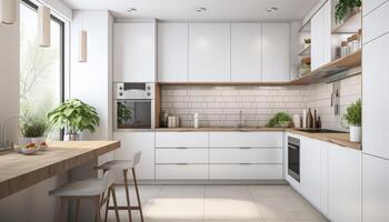 Modern domestic kitchen design with luxury wood flooring and steel appliances generated by AI photo