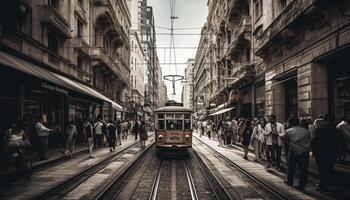 City life in motion Cable car, tramway, subway, and vanishing point generated by AI photo