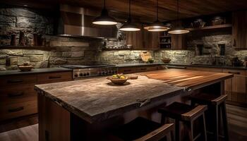 Modern luxury kitchen design with elegant wood and steel materials generated by AI photo