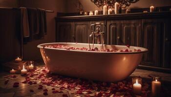 Luxury candlelit bathroom with glowing flame, fresh fruit and relaxation generated by AI photo