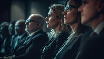 grande grupo de personas en sala escuchando a negocio presentación generado por ai foto