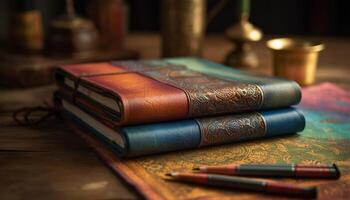 Antique book collection on old wooden bookshelf for studying wisdom generated by AI photo