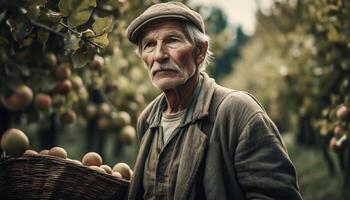 sonriente mayor granjero participación Fruta cesta en otoño rural escena generado por ai foto