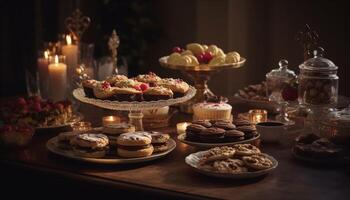 un gastrónomo postre mesa con hecho en casa chocolate magdalenas y galletas generado por ai foto