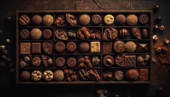 Indulgent gourmet chocolate truffle collection, a sweet temptation on table generated by AI photo