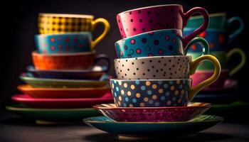 Vibrant ceramics collection mugs, saucers, plates, bowls in multi colors generated by AI photo