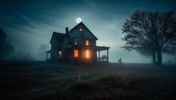 Spooky night, dark nature, foggy tree, rural scene, outdoors mystery generated by AI photo