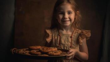 linda caucásico niña sonriente mientras disfrutando hecho en casa chocolate Galleta adentro generado por ai foto