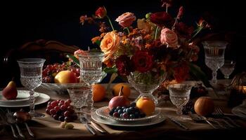 Wooden vase holds a rustic still life of fruit and wine generated by AI photo