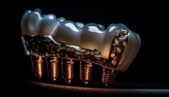 Shiny metal dental crown on black background, studio shot generated by AI photo