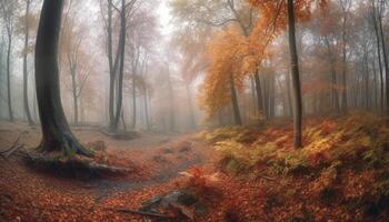 Tranquil autumn forest, mysterious beauty in nature, vibrant multi colored foliage generated by AI photo