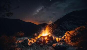 Nighttime campfire glowing in natural beauty of mountain landscape outdoors generated by AI photo