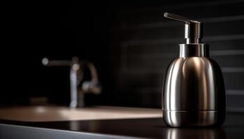 Modern chrome faucet adds elegance to clean, metallic bathroom design generated by AI photo