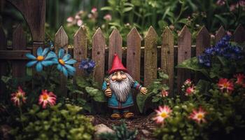 A cute flower pot decoration sits outdoors in the green grass generated by AI photo