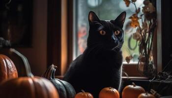 Cute kitten sitting on table, looking at camera indoors generated by AI photo