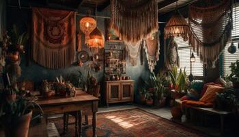 Rustic lantern hanging on old fashioned wooden table in indigenous home interior generated by AI photo