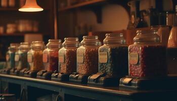 abundancia de café frijoles en grande frascos en de madera estantería generado por ai foto