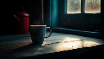 Rustic coffee cup on wooden table, steam rising, window background generated by AI photo